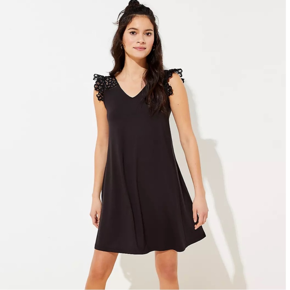 🥑5/$25 Loft Black Ruffle Lace Sleeveless Swing Dress Size S Tall